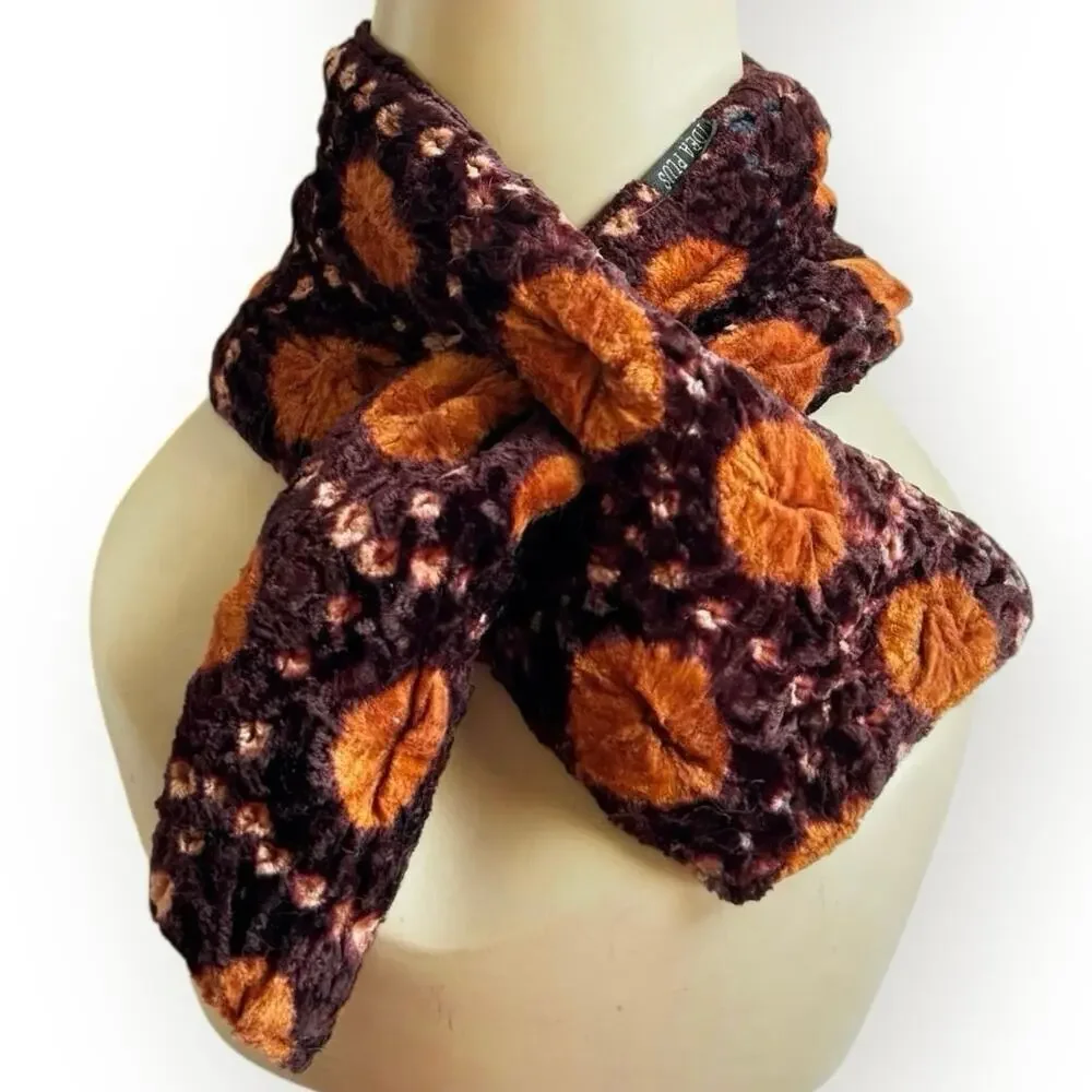 Block Print Reversible Velvet Vintage Pull Through Scarf Orange Mauve Brown 28”